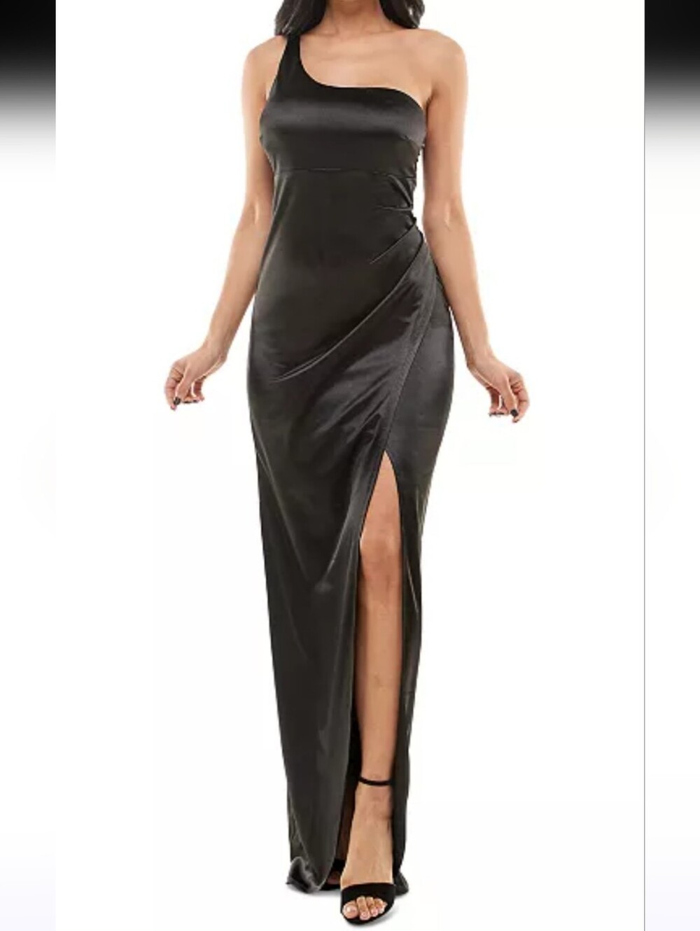Emerald Sundae Black One-Shoulder Satin Evening Gown